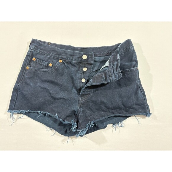 Levi's Raw Hem Shorts Womens 501 Denim Red Tab Dark Wash Button Cutoff Fly Sz 29 - Picture 3 of 16